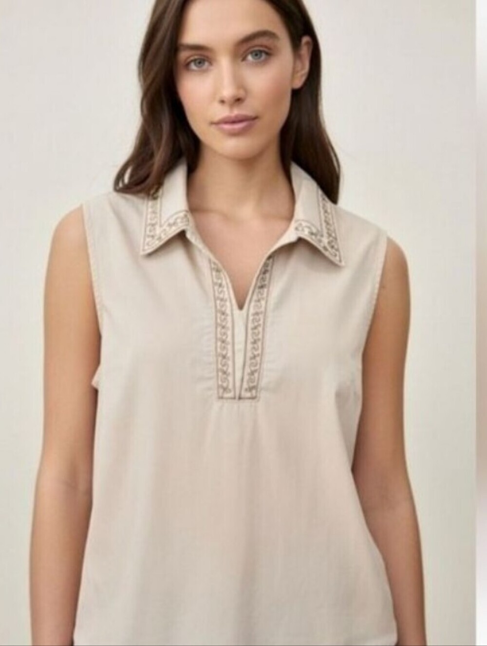 Sonoma Embroidered Beige Sleeveless Cotton Top